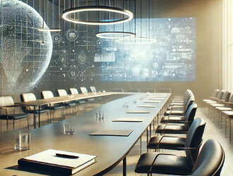 DALLE 2024 09 02 15.12.42 A symbolic photorealistic image representing a seminar. The image features an abstract scene with elements like a modern conference table with empty c